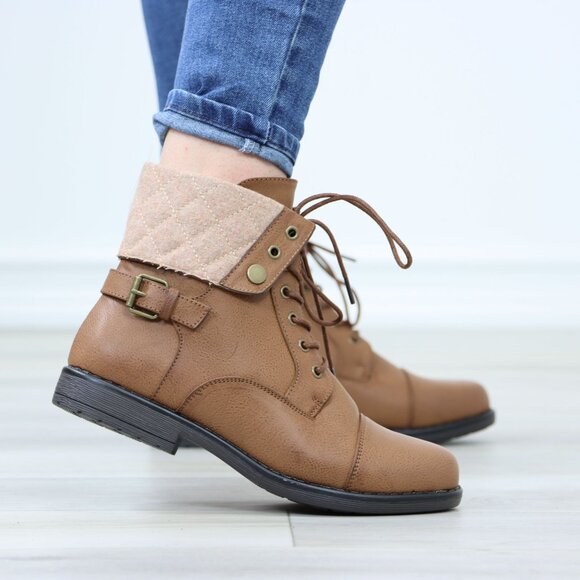 Tan Ankle Boots Lace-Up Fold Cuff Buckle Detail Faux Leather Flat Sole - Picture 4 of 10